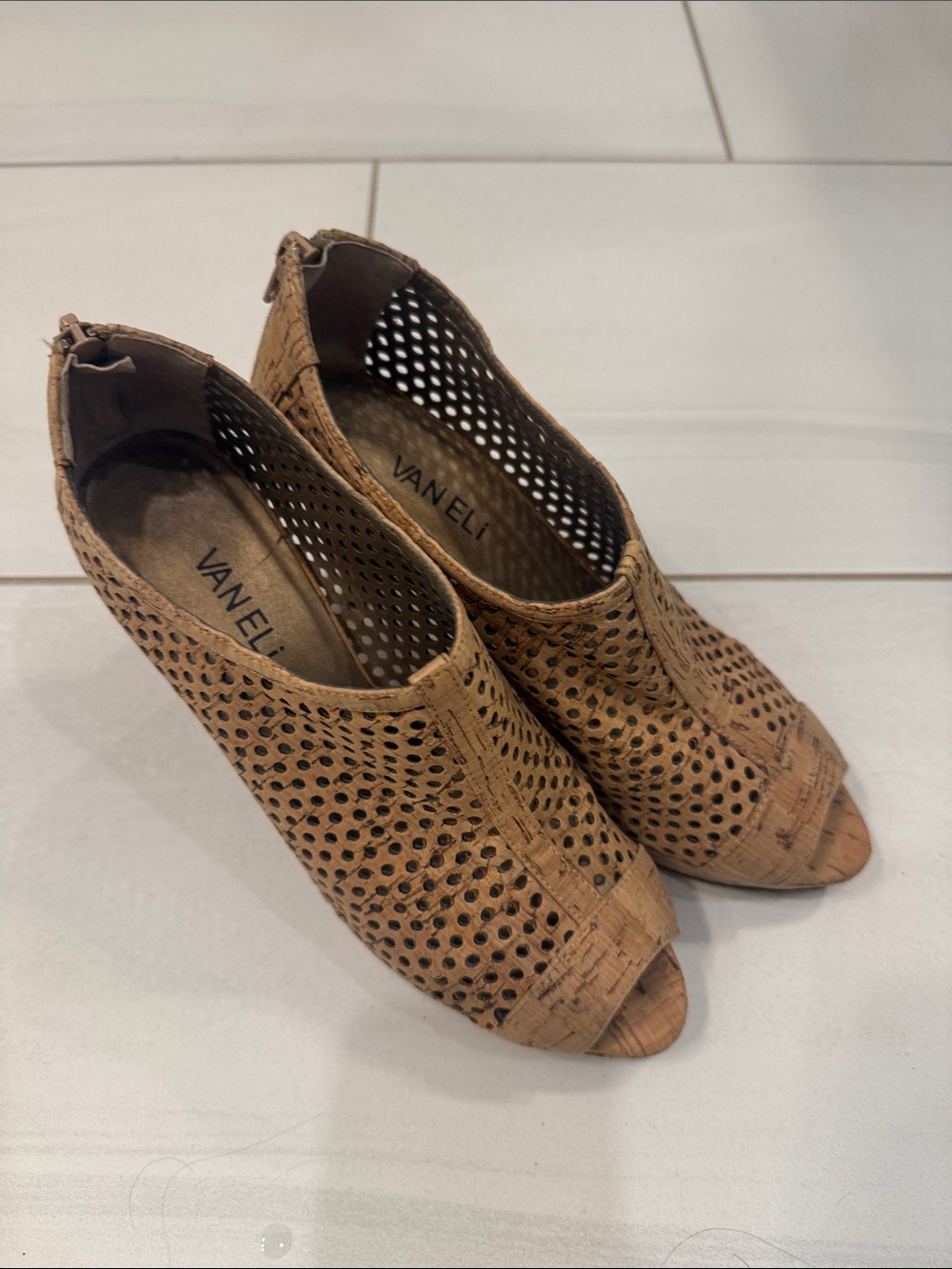 Vaneli Cork-Tone Perforated Peep-Toe Mules